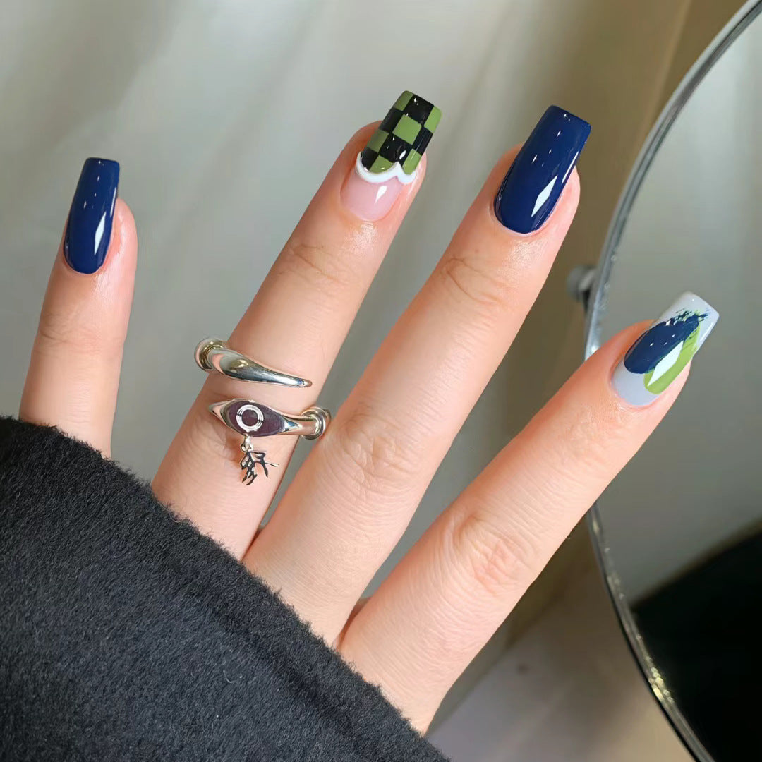 Elegant Geometric Oasis Long Square Press On Nails in Navy Blue and Green with Unique Plaid Design