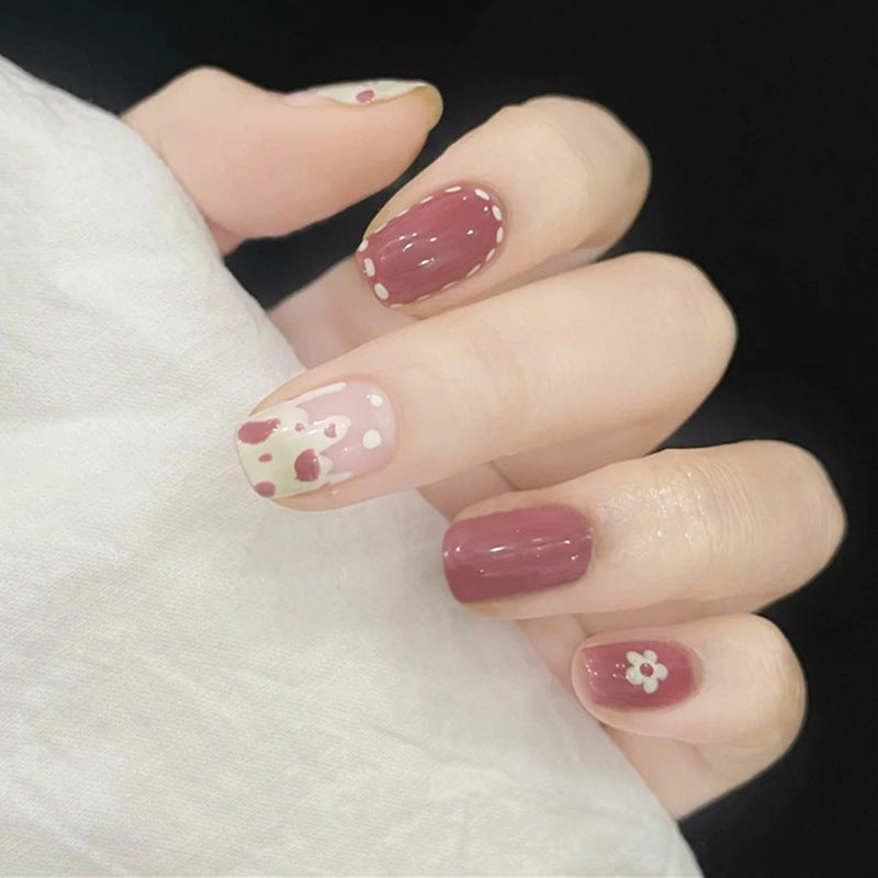 Sweet Romance Short Length Squoval Burgundy and Beige Press On Nails with Floral Accents and Glitter Detail