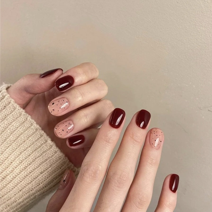 Autumn Elegance Short Squoval Burgundy and Beige Press On Nail Set with Speckled Accent Design