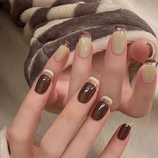Coffee Delight Medium Square Brown Clear Ombre Press On Nails with Dual-Tone Design