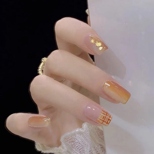 Elegant Sunset Ombr≈Ω Medium Square Press On Nail Set with Gold Flake Accents