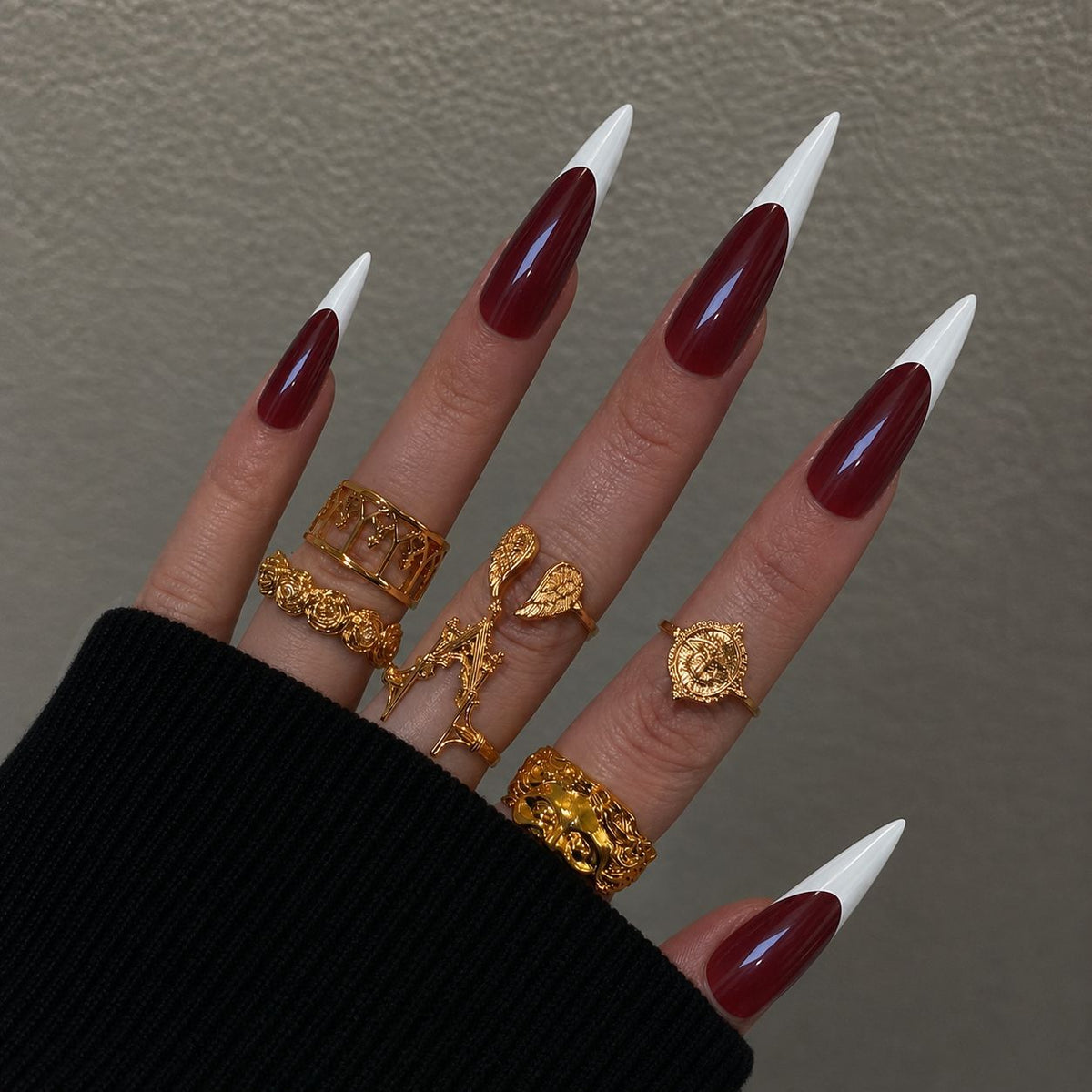 Glamorous Elegance Long Stiletto Burgundy with Chic White Tips Press On Nail Set