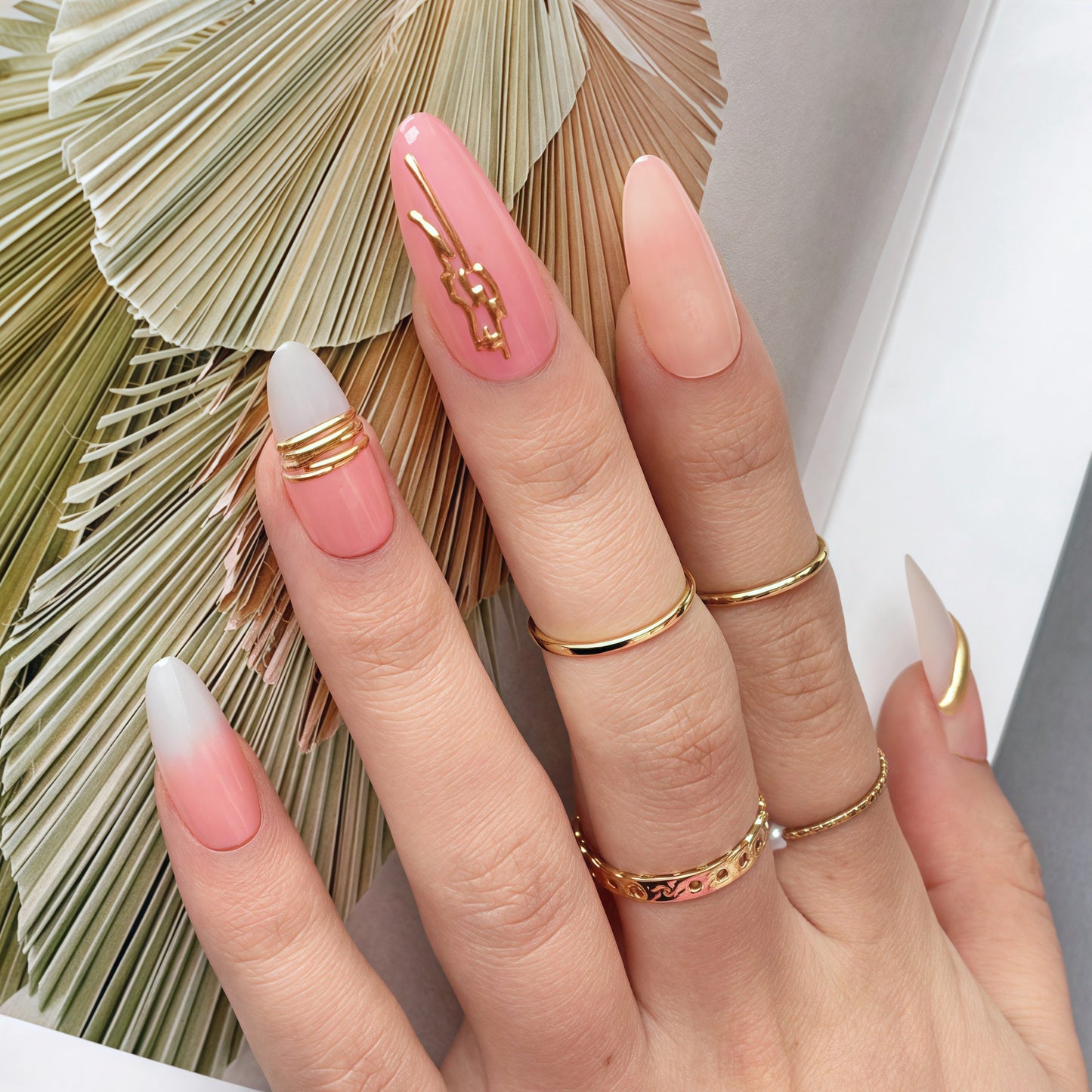 Tropical Sunrise Long Almond Pink Ombre with Chic Gold Accents Press On Nail Set