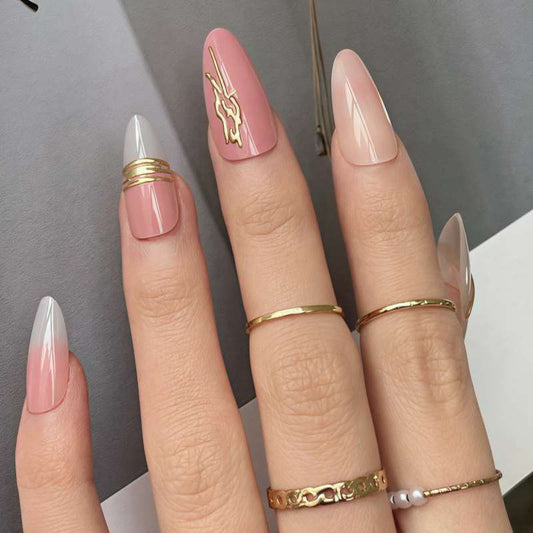 Elegant Nature Inspired Long Almond Shaped Blush Pink and Clear Press on Nails with Unique Gold Accent Design
