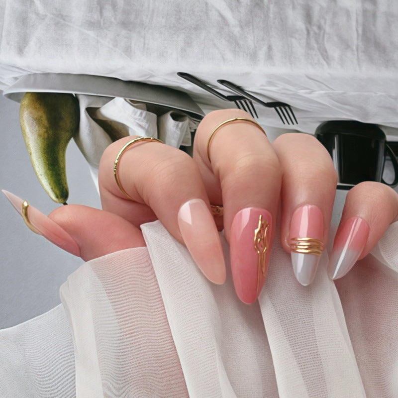 Gourmet Chic Long Almond Shape Blush and White Press On Nail Set with Unique Gold Accent Detail