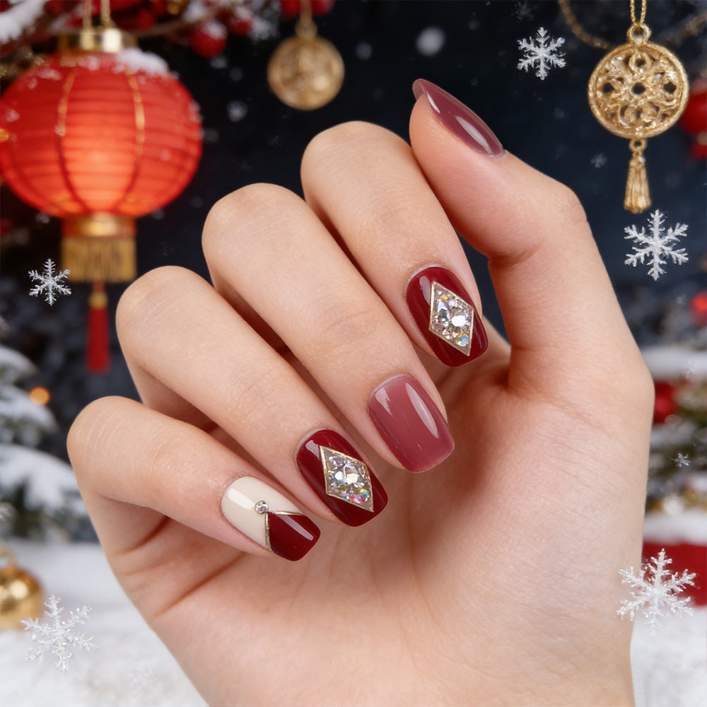 Holiday Glam Short Square Burgundy with Stunning Jewel Accent Press On Nail Set