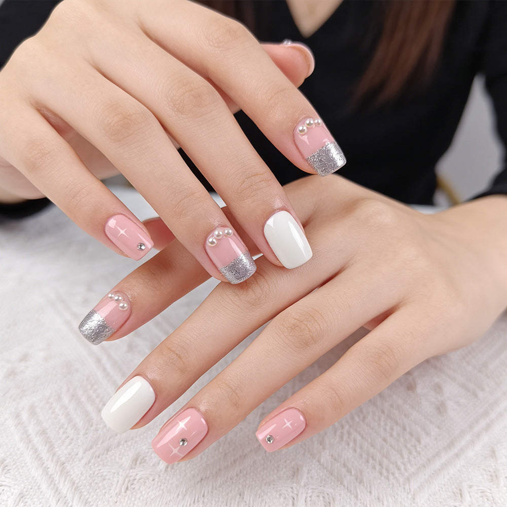 Elegant Blossom Short Square Pink with Pearlescent Accents Press-On Nail Set