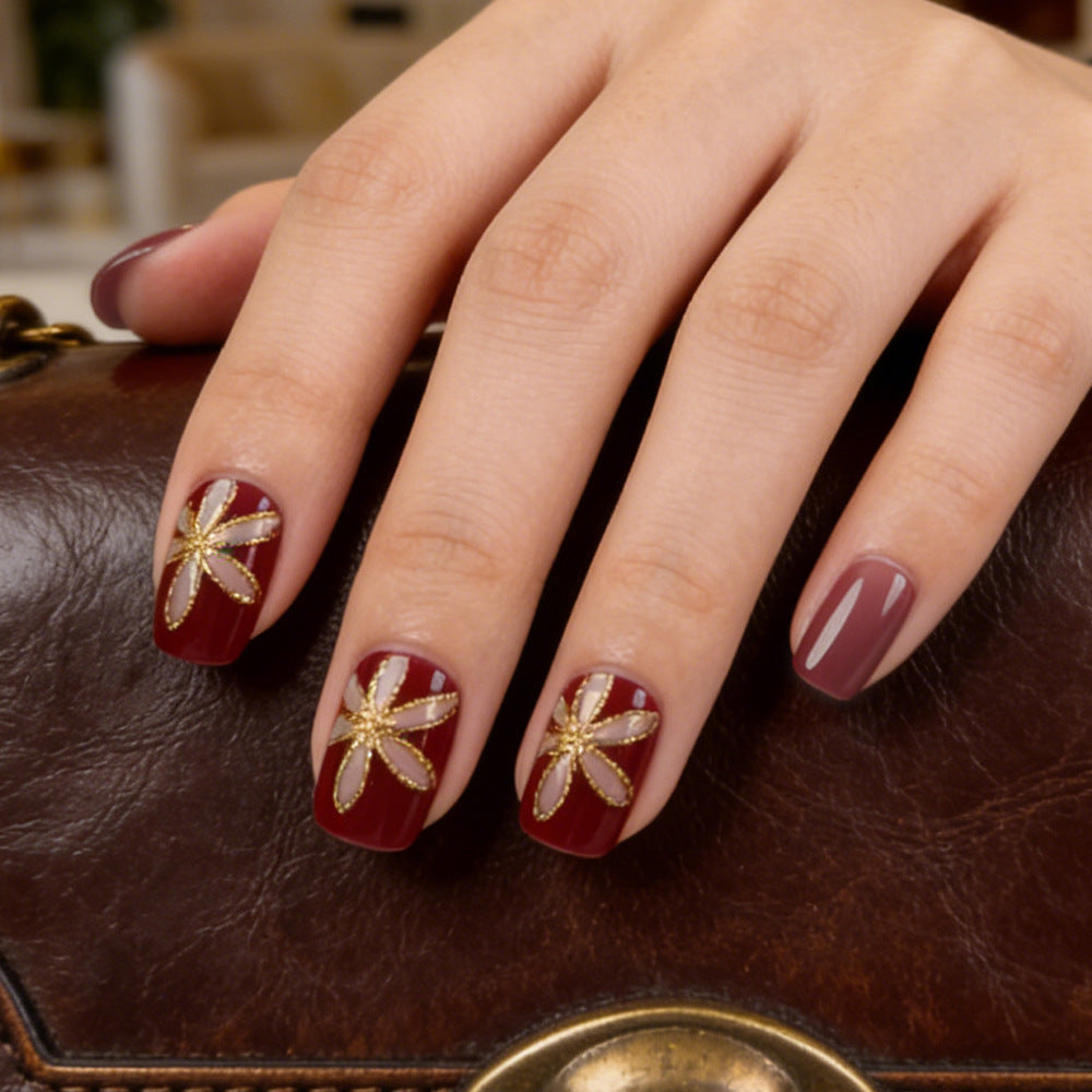 Bohemian Elegance Short Square Red with Gold Floral Design Press On Nail Set