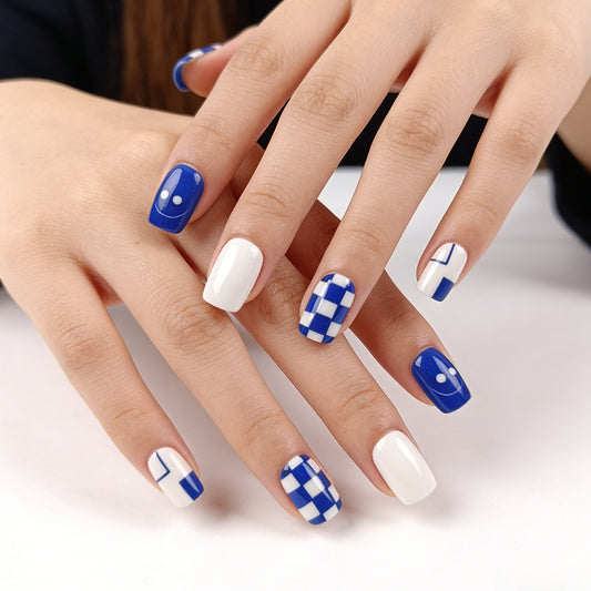 Nautical Vibes Medium Square Blue and White Pattern Press On Nail Set