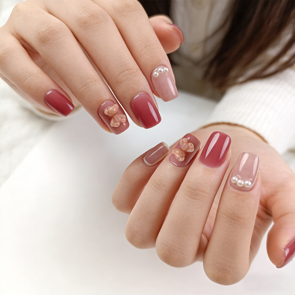 Charming Floral Short Square Pink Press-On Nail Set with Elegant Pearl Accents