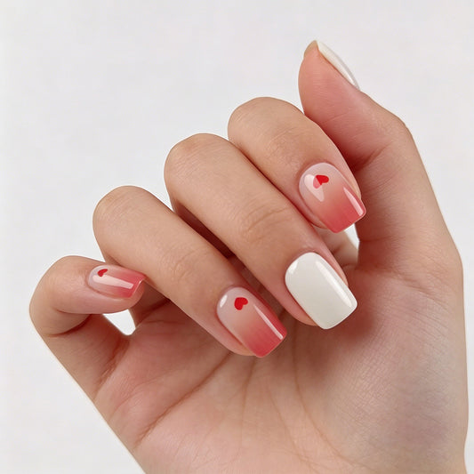 Love Inspired Medium Square Pink Ombre Nails with Heart Accents