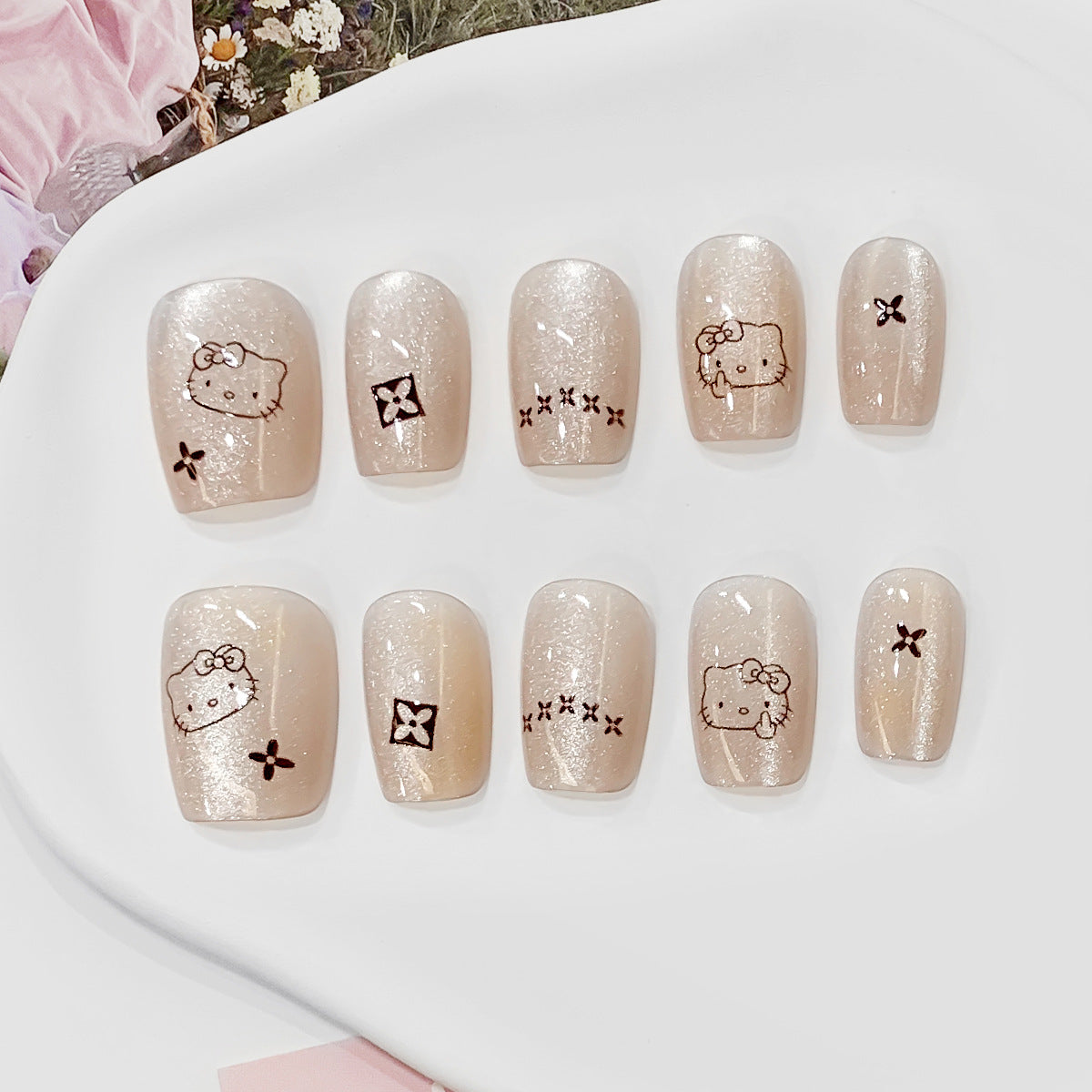 Charming Whimsy Short Square Beige Sparkling Press On Nail Set With Cute Character Designs