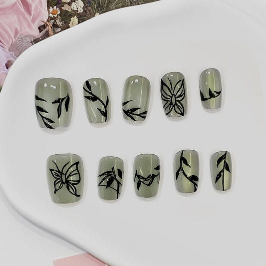Botanical Elegance Short Square Green with Intricate Black Floral Designs Press On Nail Set