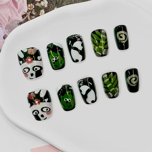Whimsical Forest Inspired Press On Nail Set Short Square Green with Adorable Panda and Leaf Designs
