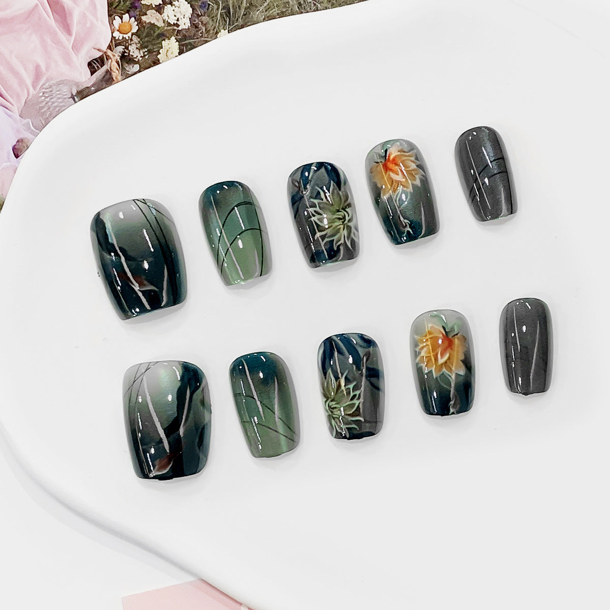 Botanical Enchantment Short Square Green and Gray Press On Nail Set with Elegant Floral Accents