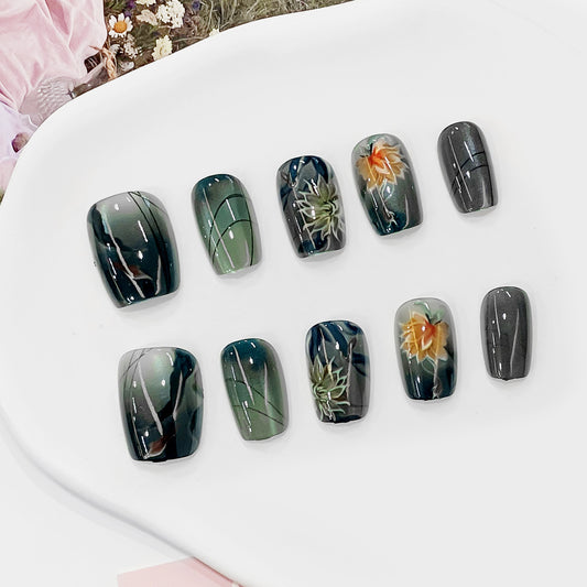 Botanical Enchantment Short Square Green and Gray Press On Nail Set with Elegant Floral Accents