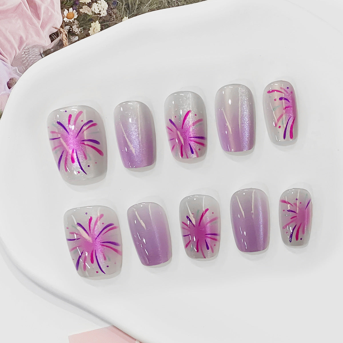 Celestial Celebration Short Square Lavender with Sparkling Firework Design Press On Nail Set