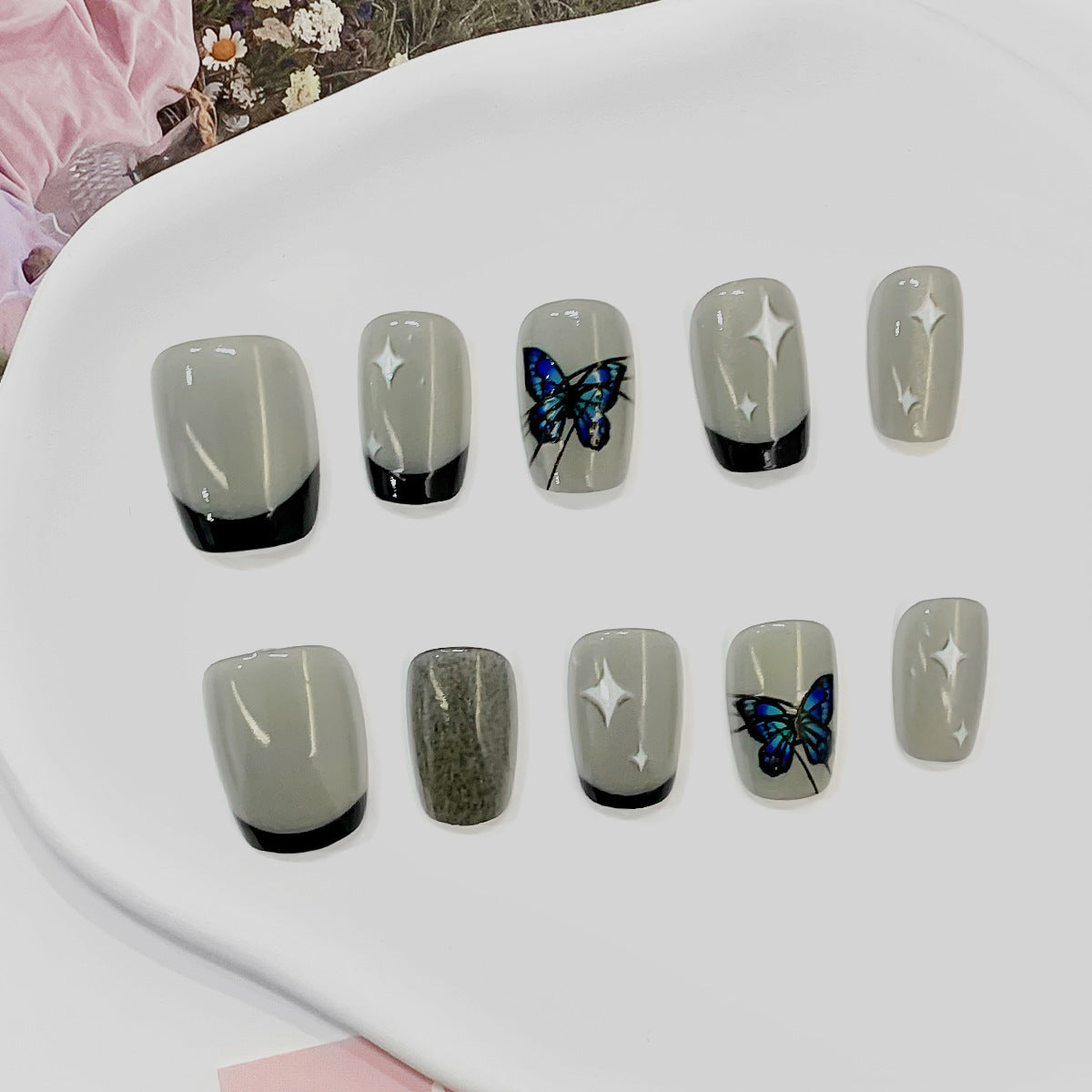 Whimsical Garden Short Square Press-On Nail Set in Elegant Gray Featuring Stunning Butterfly Art and Chic Black Tips