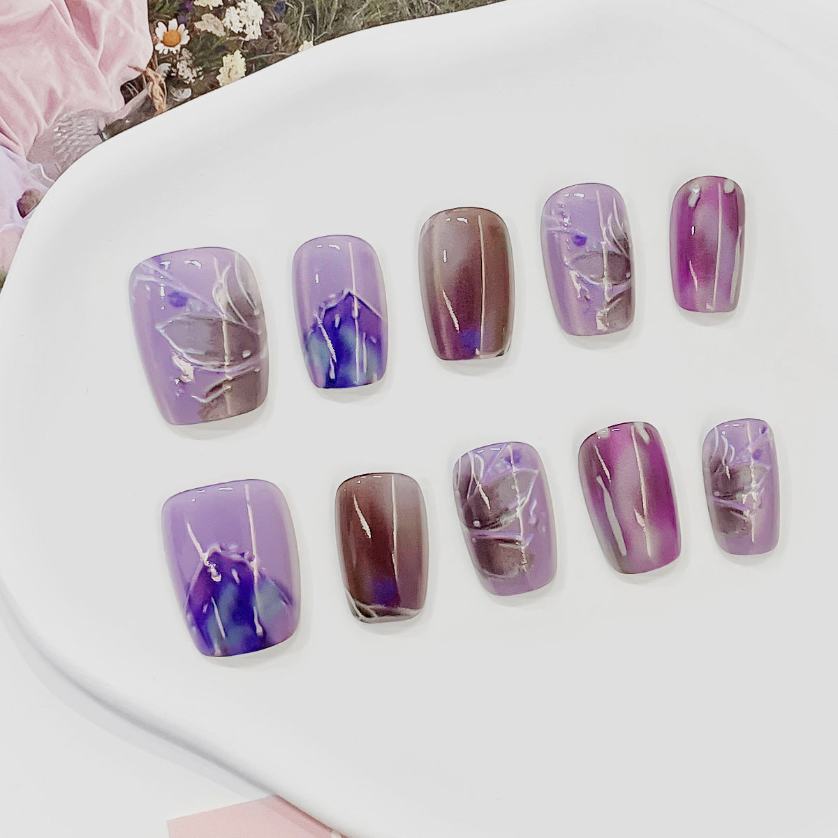 Mystical Elegance Short Square Ombre Purple with Stunning Marble Accents Press On Nail Set