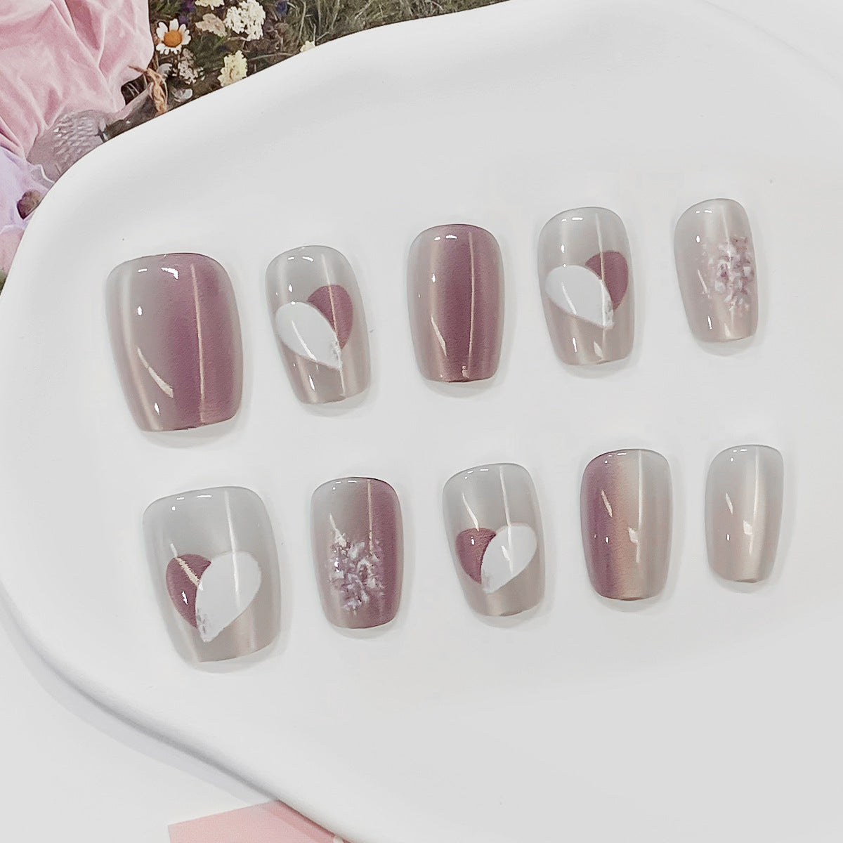 Romantic Elegance Short Square Mauve with Heart and Floral Art Press On Nail Set