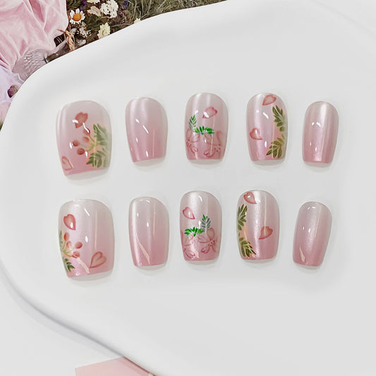 Whimsical Romance Short Square Blush Pink Floral Press On Nail Set with Heart Accents