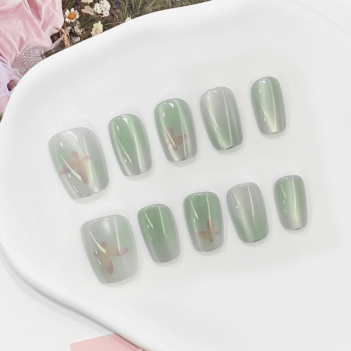 Whimsical Serenity Short Square Green Press On Nail Set with Unique Butterfly Design