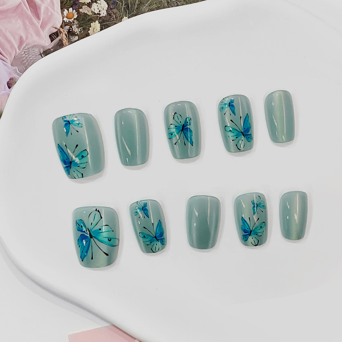 Butterfly Garden Short Square Mint Green Press On Nail Set with Delicate Blue Butterfly Art