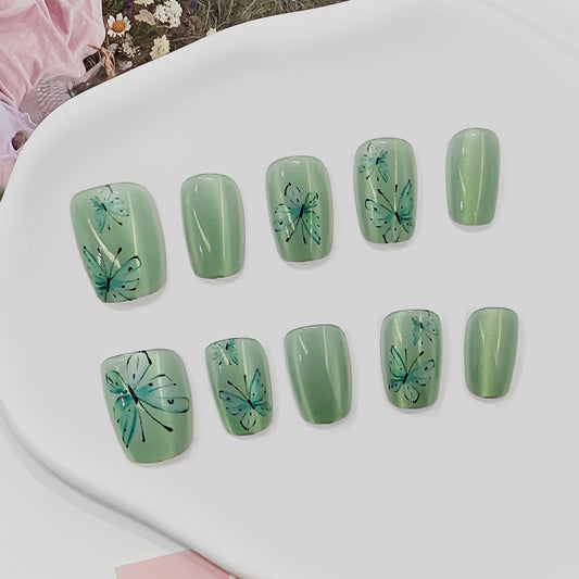 Whimsical Garden Inspired Short Square Matte Green Press On Nail Set with Butterfly Art Design