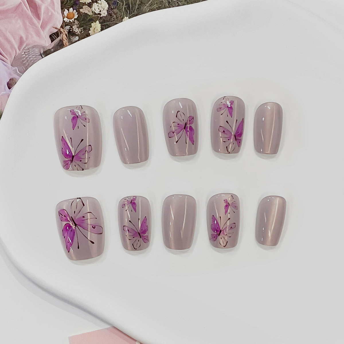 Whimsical Meadow Short Square Lavender Press-On Nail Set with Stunning Butterfly Art