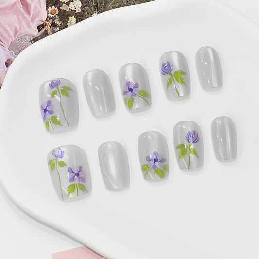 Enchanted Garden Short Square Grey Floral Press On Nail Set with Intricate Violet Designs