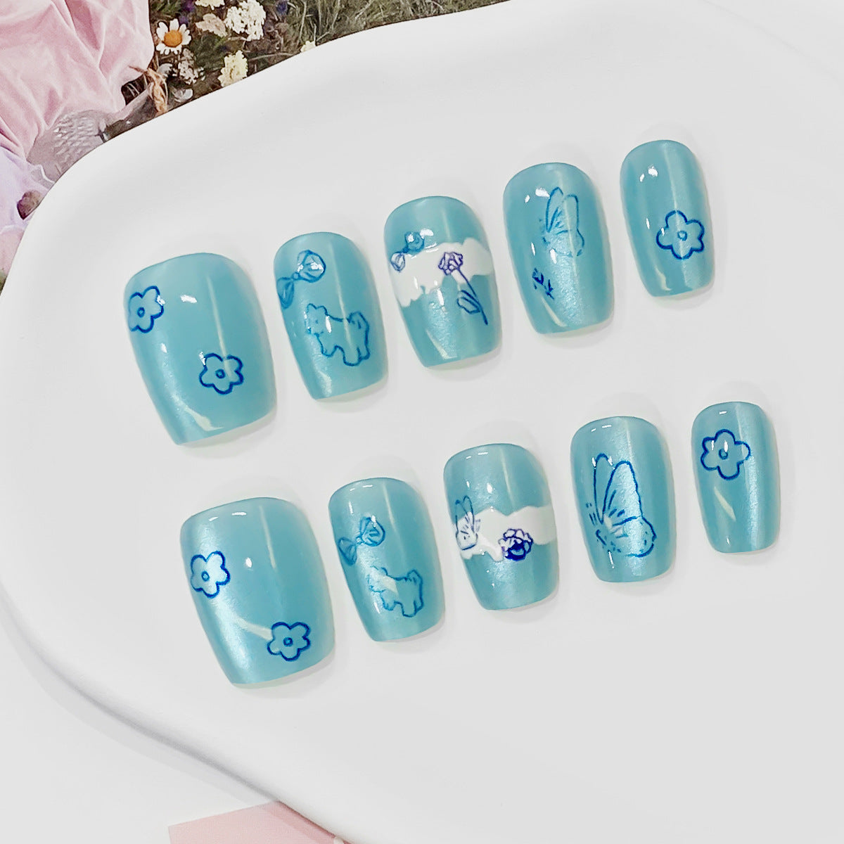 Whimsical Serenity Short Square Aquamarine Nail Set with Floral and Butterfly Designs