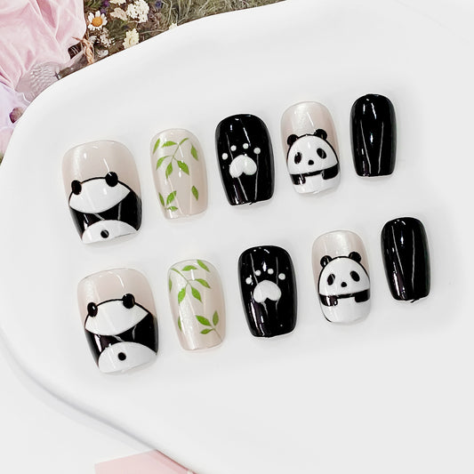 Panda Paradise Short Square Black and Cream Nail Set with Adorable Panda and Bamboo Designs