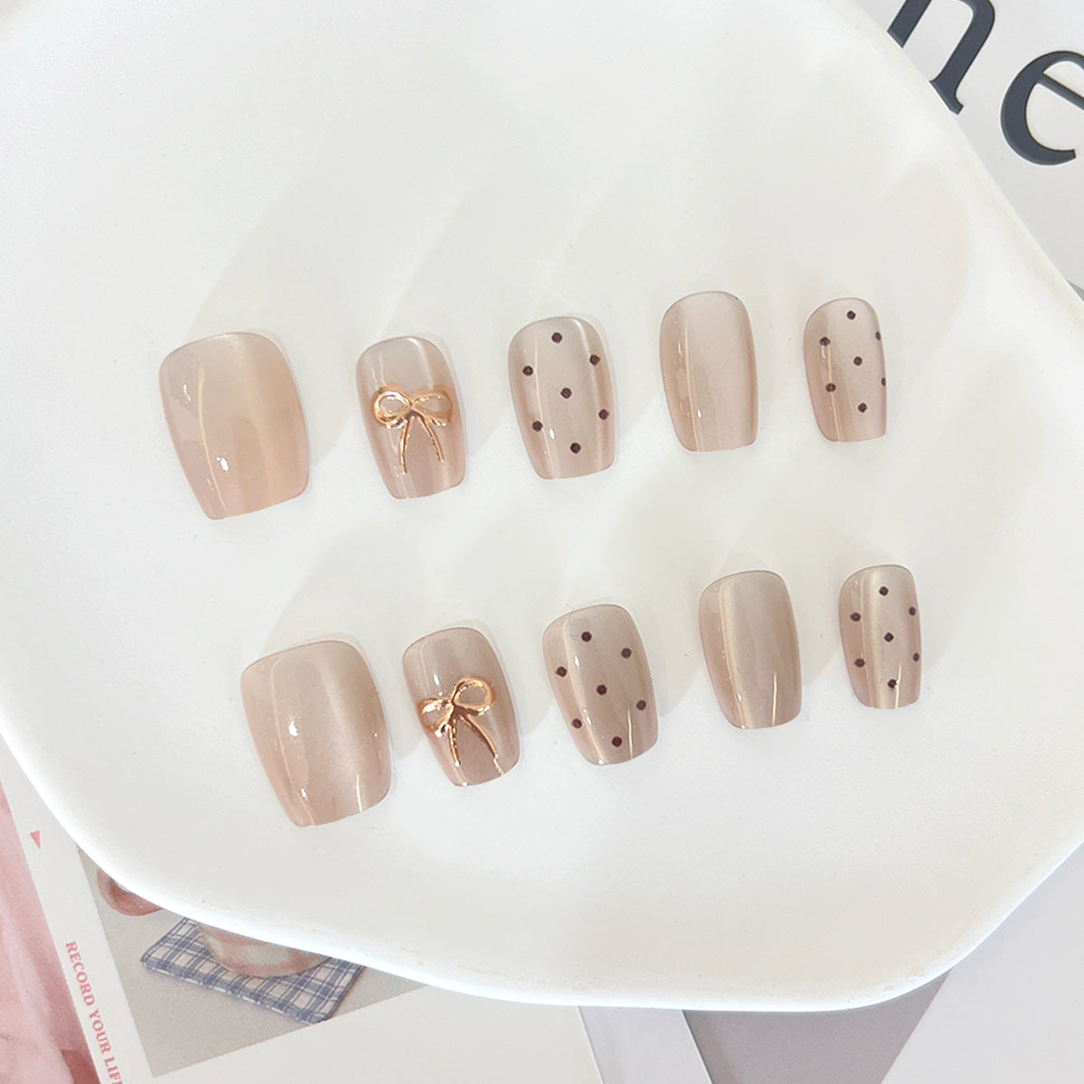 Elegant Whimsy Short Square Beige Glossy Press On Nail Set with Charming Bow and Dots