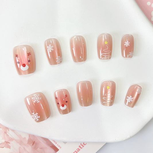 Festive Joy Square Short Square Blush Pink with Holiday Character Accents Press On Nail Set