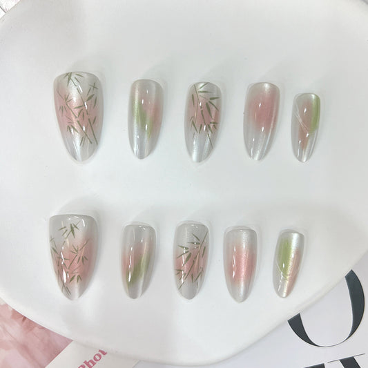 Serene Bamboo Paradise Medium Almond Shaped Glossy Silver and Pink Ombre Press On Nail Set with Botanical Design