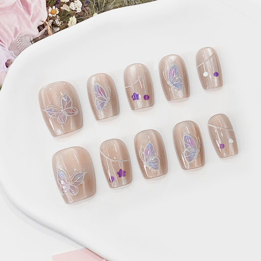 Enchanting Floral Dream Press On Nail Set in Short Square Soft Beige with Delicate Butterfly Designs and Shimmering Accents