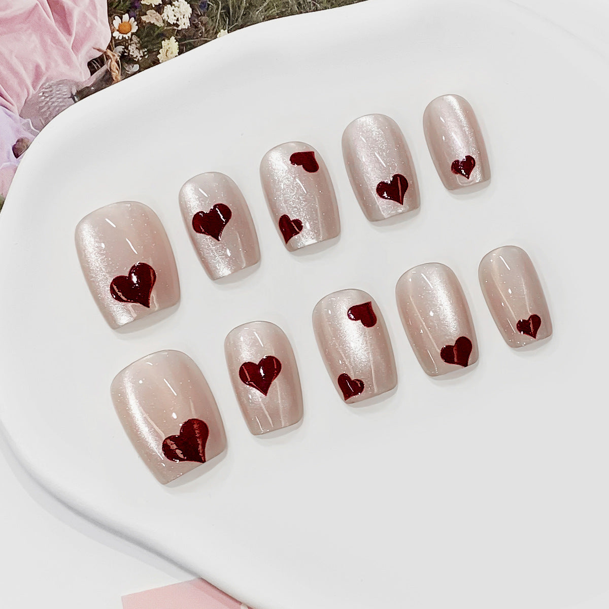 Romantic Elegance Short Square Beige Nails with Shimmer and Red Heart Accent