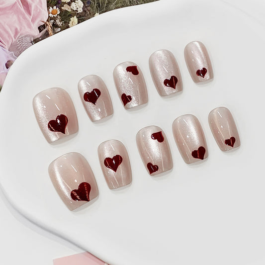 Romantic Elegance Short Square Beige Nails with Shimmer and Red Heart Accent