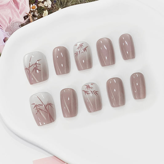 Serene Bamboo Inspired Short Square Light Pink and White Gradient Press-On Nail Set with Elegant Artwork