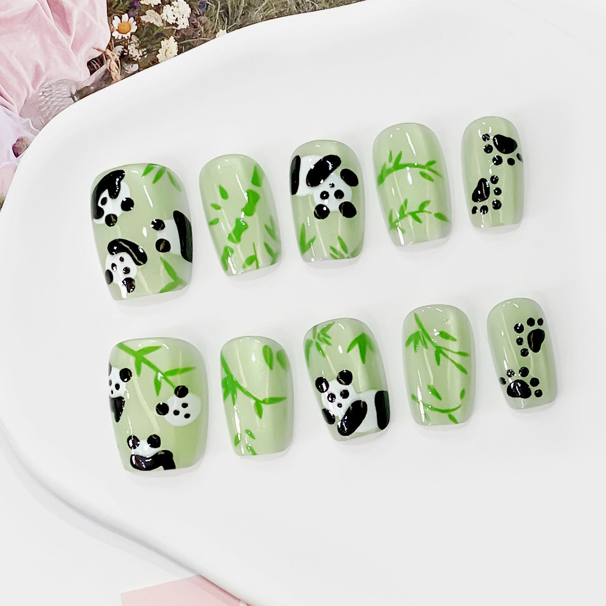 Whimsical Panda Garden Short Square Green Press On Nail Set with Cute Bamboo Design