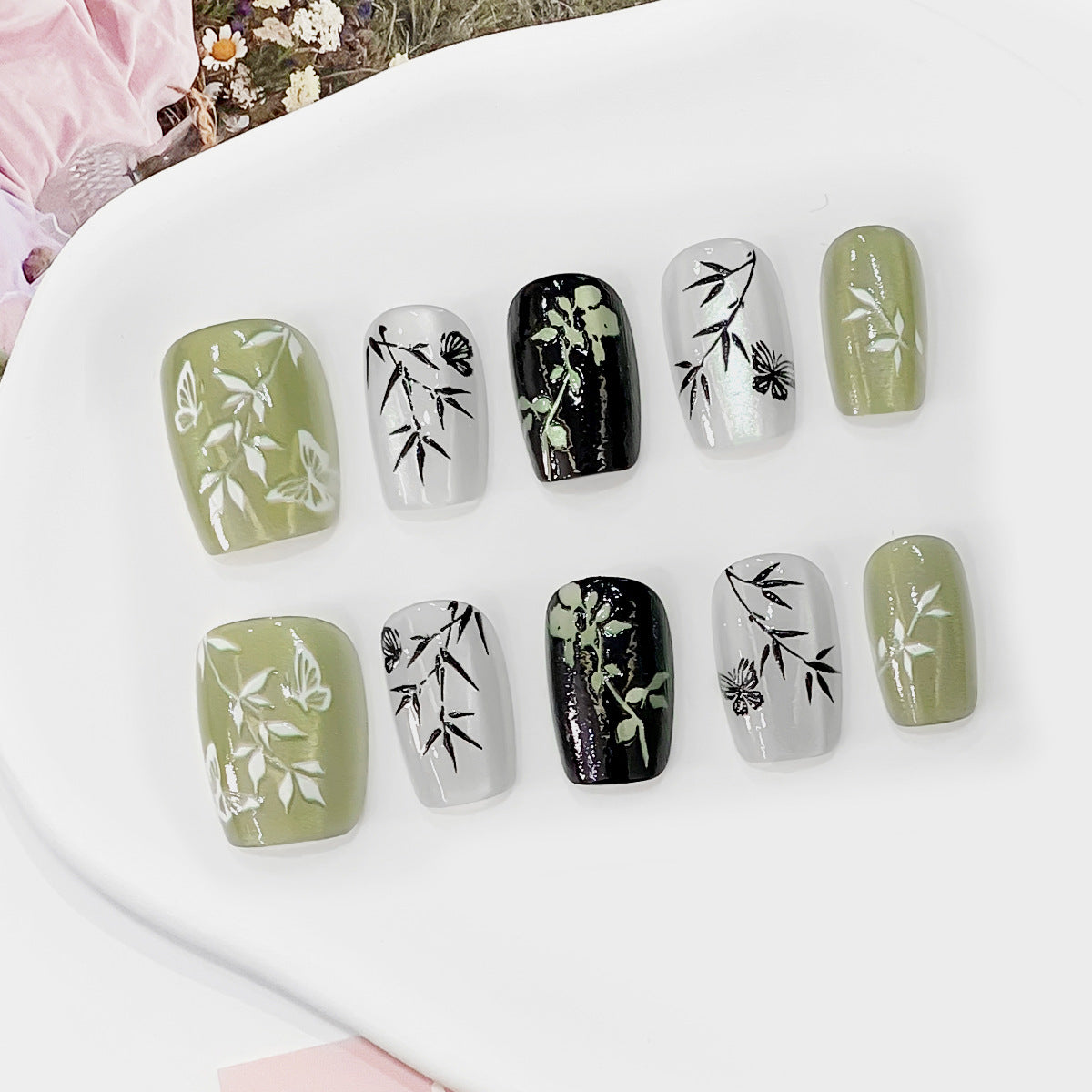 Nature’s Embrace Short Square Olive Green and Black Floral Press On Nail Set with Intricate Botanical Designs