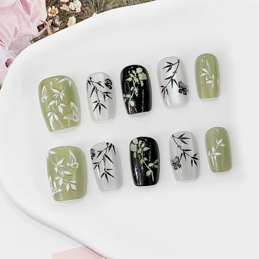 Nature’s Embrace Short Square Olive Green and Black Floral Press On Nail Set with Intricate Botanical Designs