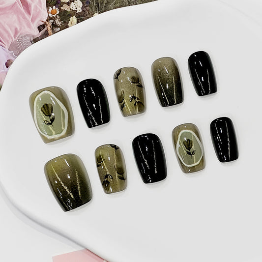 Botanical Elegance Short Square Olive Green and Black Gradient Roses Press On Nail Set