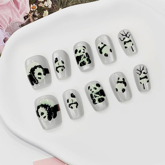 Panda Paradise Short Square Gray Glow in the Dark Press On Nail Set with Unique Artistic Design