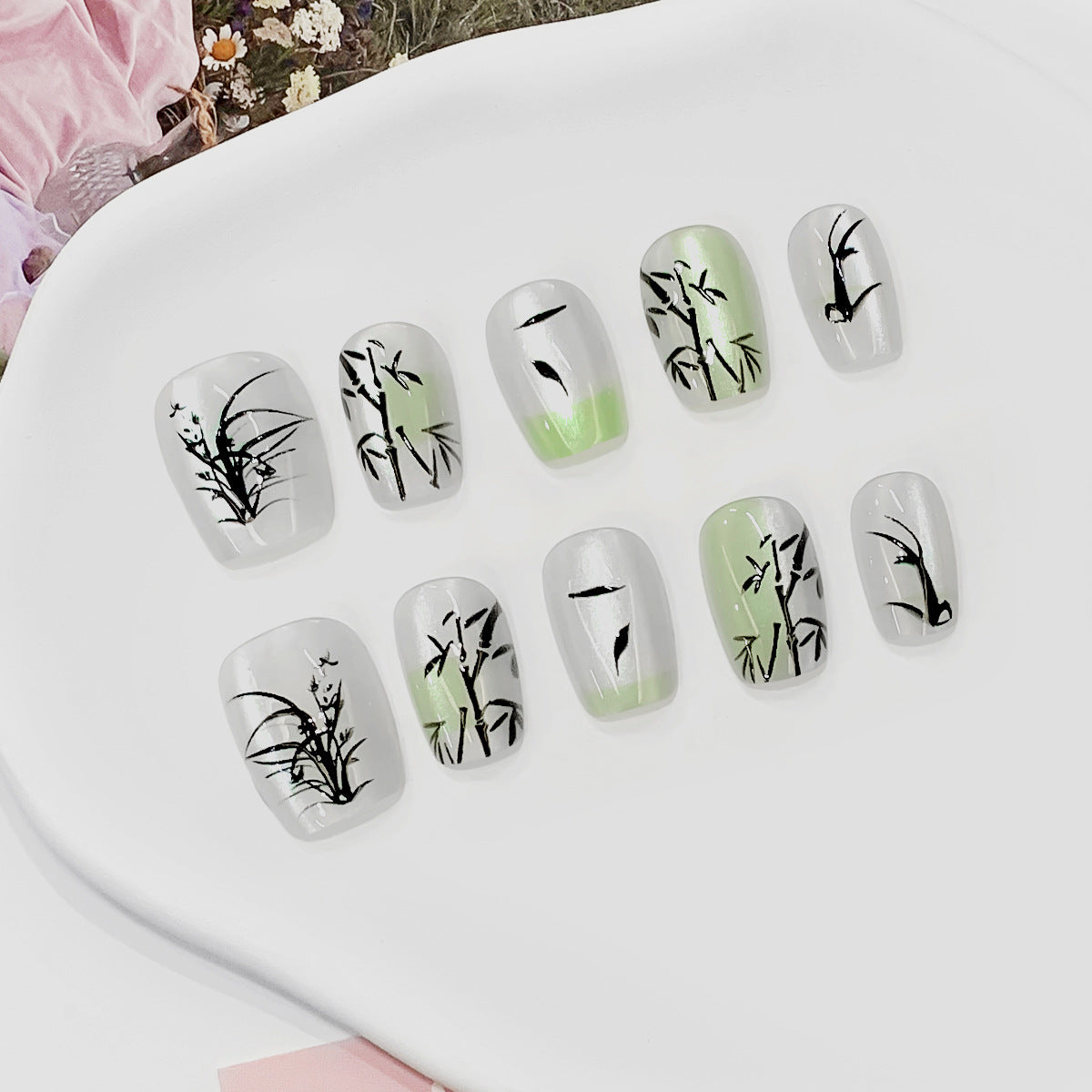 Zen Garden Cozy Short Square Press On Nail Set in Translucent Green and Elegant Bamboo Artistry