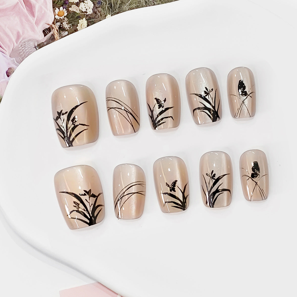 Nature's Elegance Short Square Beige Press On Nail Set with Botanical Black Artistry