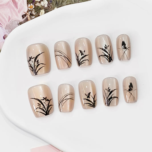 Nature's Elegance Short Square Beige Press On Nail Set with Botanical Black Artistry