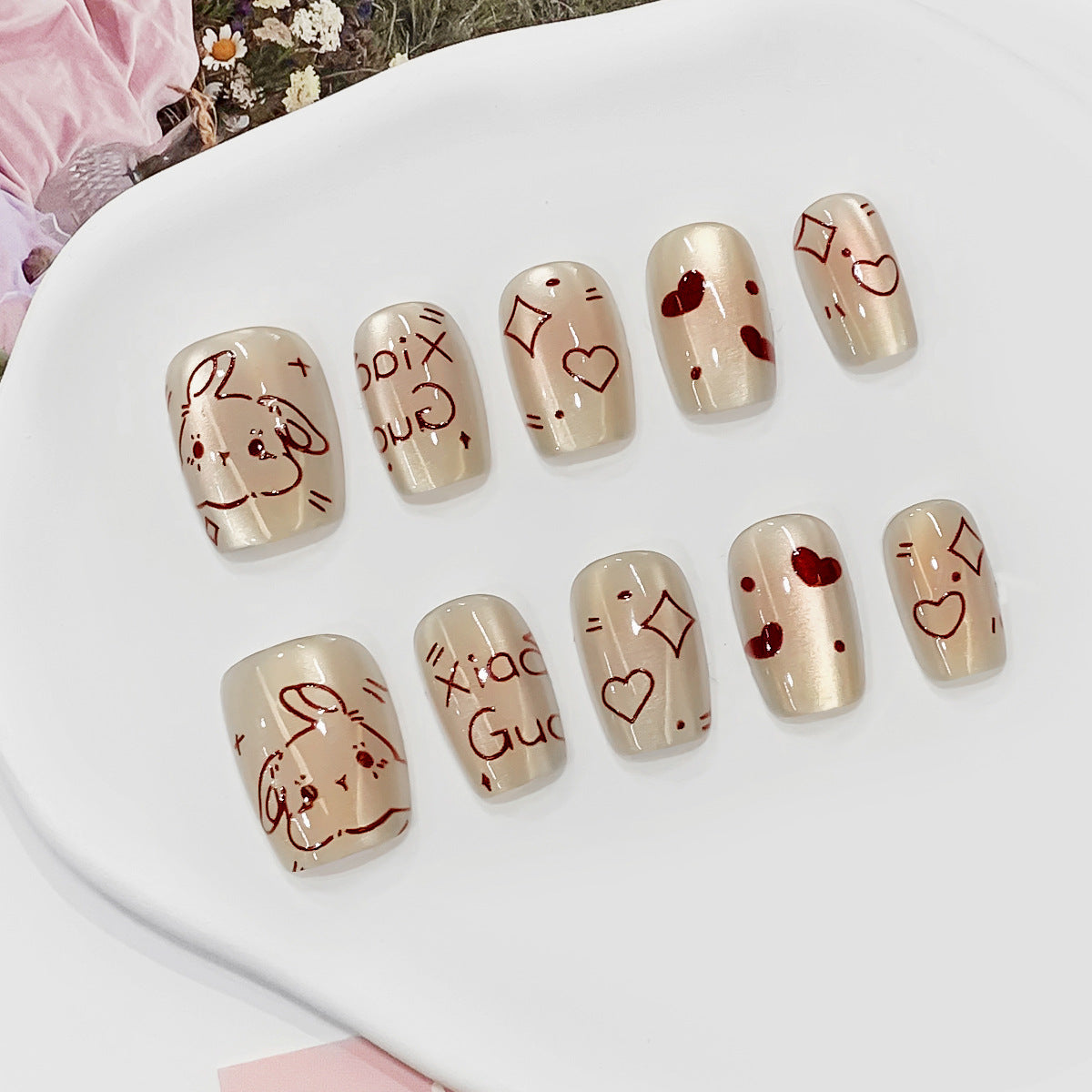 Whimsical Charm Short Square Beige Nail Set with Adorable Bunny and Heart Designs
