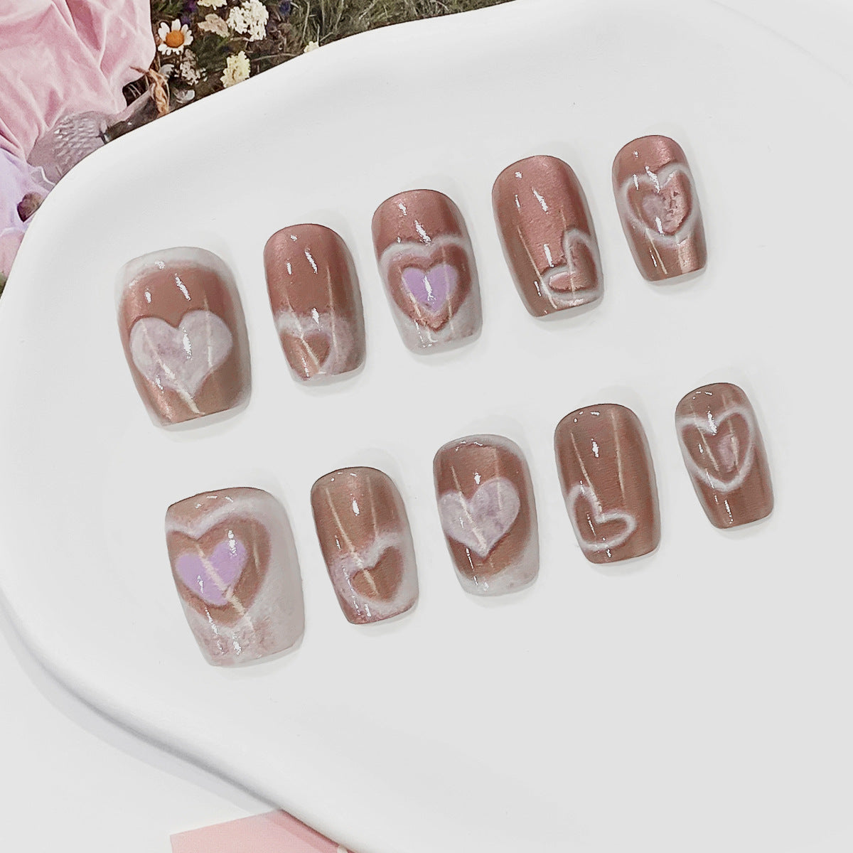 Romantic Hearts Brown Short Square Press On Nail Set Featuring Iridescent Heart Designs