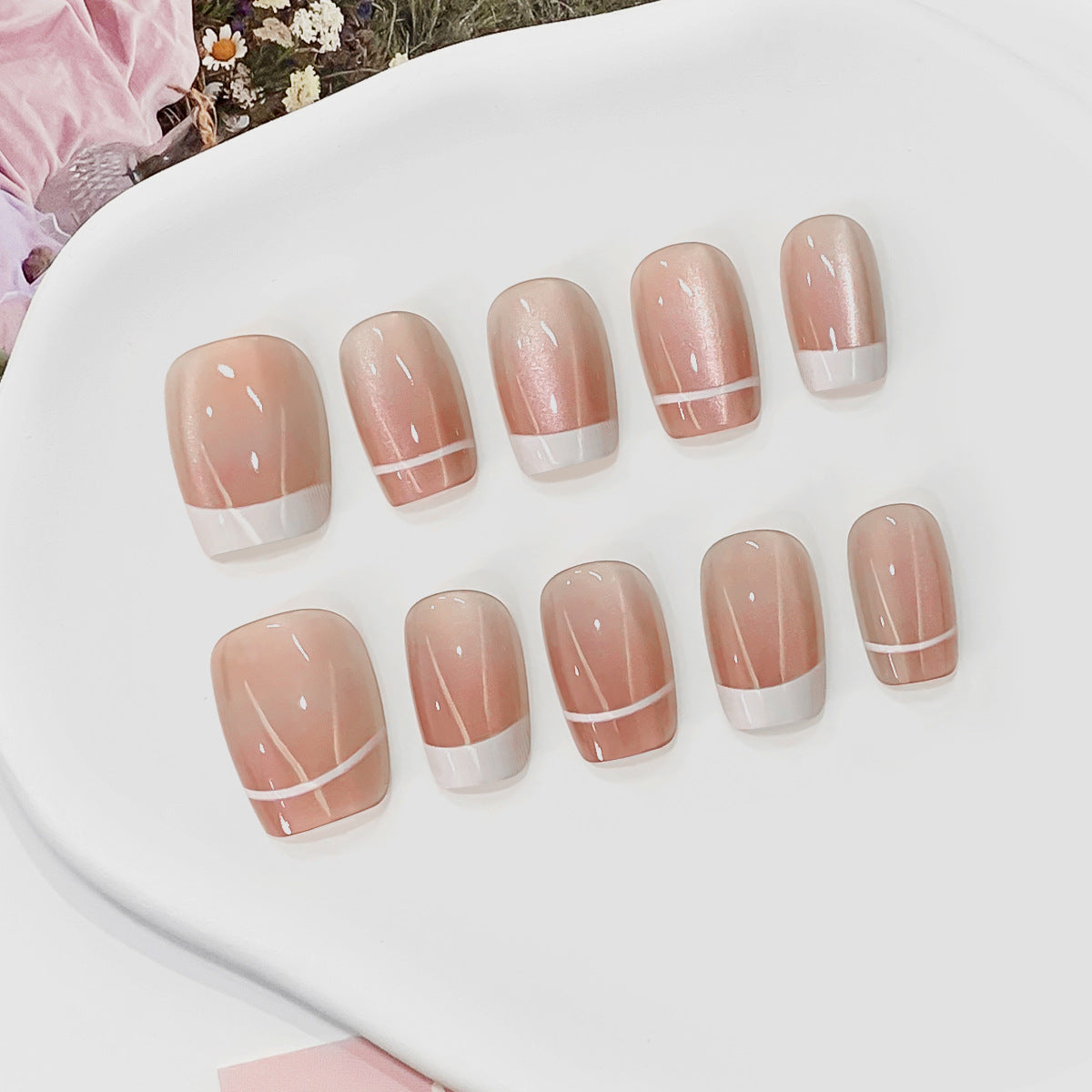 Ethereal Elegance Short Square Pink Gradient Press-On Nail Set with Chic White Tips